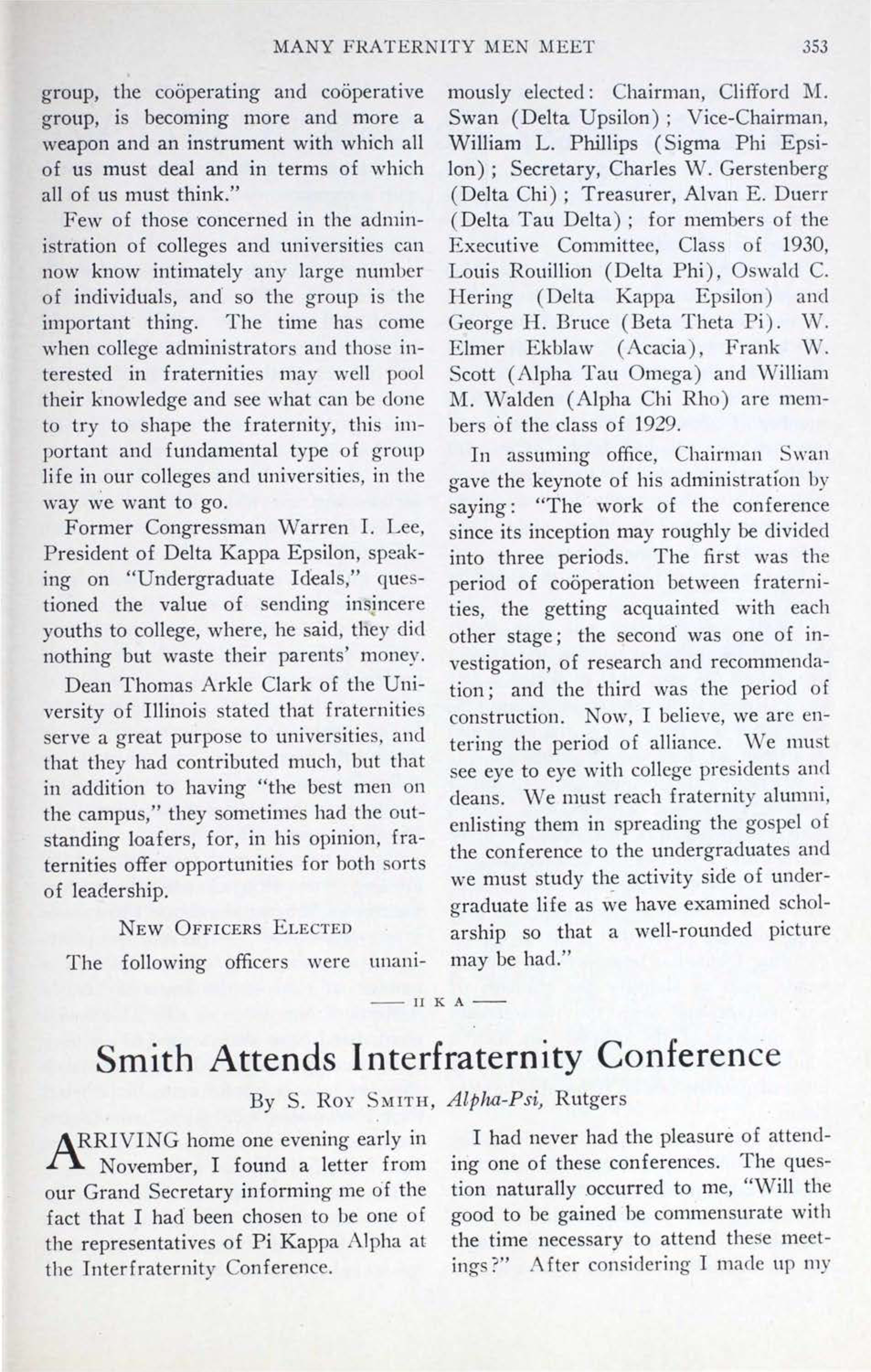 Smith Attends Interfraternity Conference, April 1929